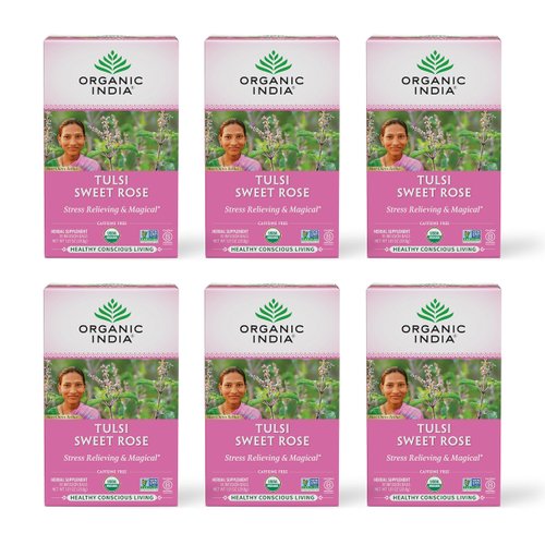 Organic India Tulsi Sweet Rose Herbal Tea - Holy Basil, Stress Relieving & Magical, Immune Support, Adaptogen, Vegan, USDA Certified Organic, Non-GMO, Caffeine-Free - 18 Infusion Bags, 6 Pack