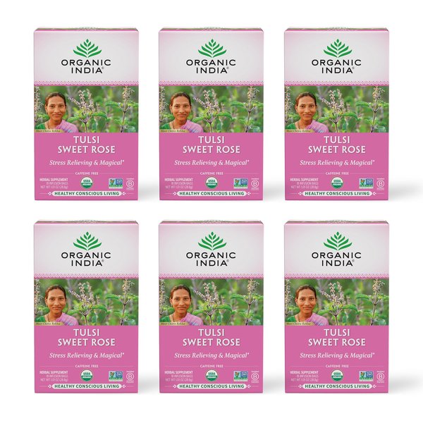 Organic India Tulsi Sweet Rose Herbal Tea - Holy Basil, Stress Relieving & Magical, Immune Support, Adaptogen, Vegan, USDA Certified Organic, Non-GMO, Caffeine-Free - 18 Infusion Bags, 6 Pack