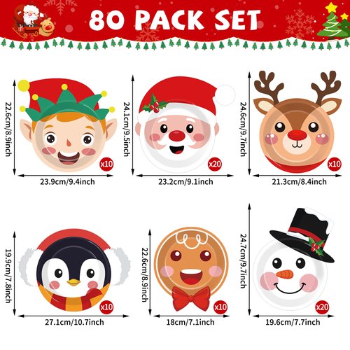 Wiooffen 80Pcs Christmas Paper Plates Party Supplies Christmas Santa Tableware Winter Snowman Dinner Dessert Plates Disposable Dinnerware Decorations for Xmas Holiday Party Serve 80 Guests