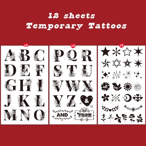 Casciybo Letter Temporary Tattoo Female Girl, 12 Black Forged English Letters, Flowers English Letters waterproof Tattoo Stickers, for Adult Children's Body Arm Birthday Party Gifts