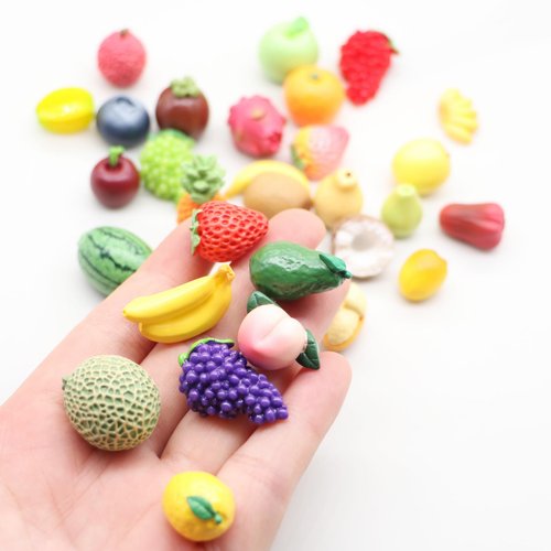 Fruits Mini Resin Figures 30 PCS Pineapple Lemon Strawberry Peach Resin Little Small Figures Garden Play Kitchen Game Party Accessories Dollhouse Decor
