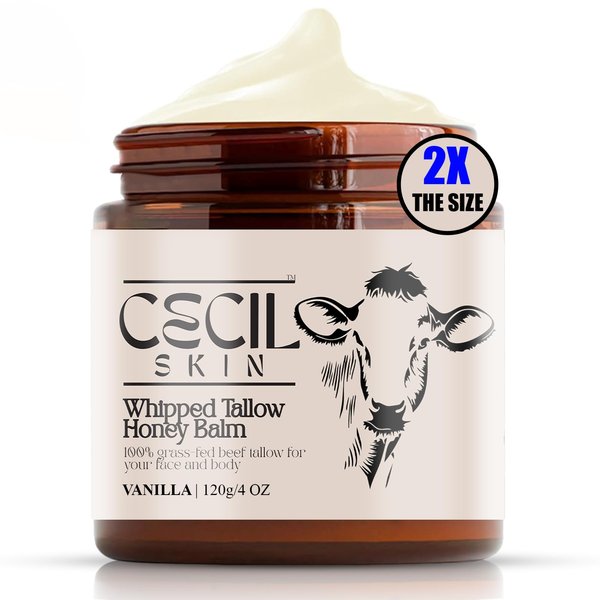 Cecil Skin Whipped Beef Tallow Honey Balm (4oz) | 100% Grass-Fed Tallow Moisturizer for Face & Body | Nourishing Skincare for Dry Skin, Anti-Aging, Acne Relief | Natural & Organic Ingredients