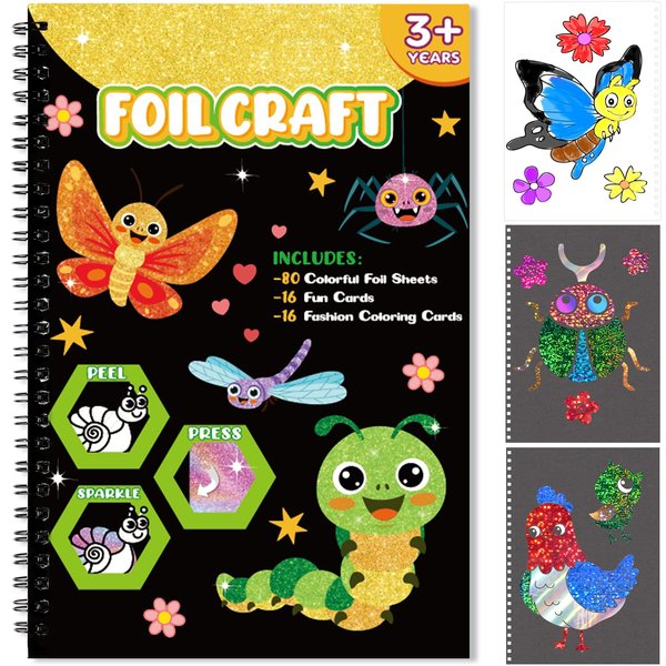 Art & Craft Activity,Foil Craft Bugs Butterfly DIY Art Fun Kits Set,No Mess Creative Foil Art Drawing Game for Kids,Birthday Gifts Crafts Supplies Travel Toys for Girls Boys Ages 4 5 6 7 8 9 Year Old