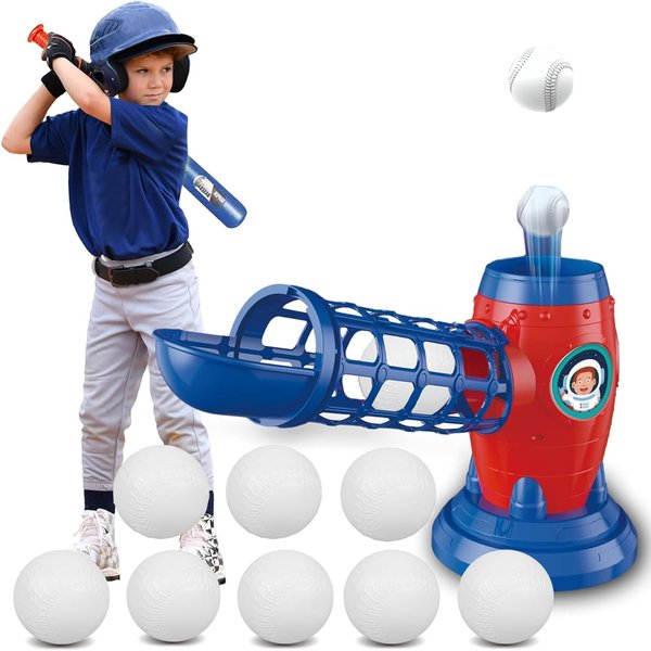 SunwyxTek Automatic Kids Baseball Pitching Machine with 8 Balls, T Ball Set for Kids Toddlers 3-5 5-8 Years, Tee Ball Set Baseball Tee Pitcher Baseball Gift for Kids 3-12, Christmas Birthday Gift