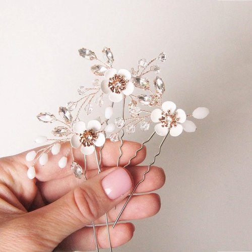 Heread Flower Bride Wedding Hair Pins Rose Gold Rhinestones Hair Piece Opal Crystal Bridal Hair Accessories for Women and Girls (Pack of 3)