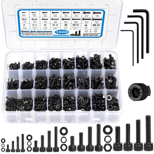 SATANTECH 1600PCS Metric Screw Assortment M2 M3 M4 M5, Grade 12.9 Alloy Steel Metric Bolts and Nuts Assortment Kit, Hex Socket Head Cap Metric Machine Screws Nuts and Bolts and Flat&Lock Washers Set