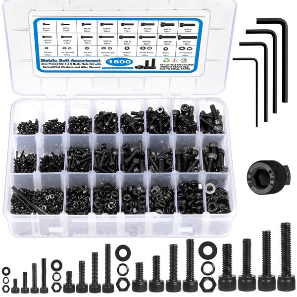 SATANTECH 1600PCS Metric Screw Assortment M2 M3 M4 M5, Grade 12.9 Alloy Steel Metric Bolts and Nuts Assortment Kit, Hex Socket Head Cap Metric Machine Screws Nuts and Bolts and Flat&Lock Washers Set