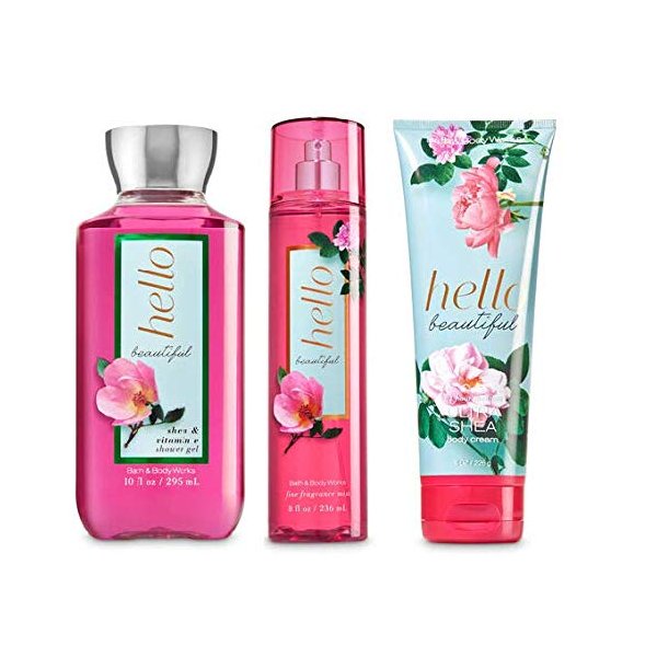 Bath and Body Works Hello Beautiful Body Care Set. Shower Gel 10 Fl Oz, Fine Fragrance Mist 8 Fl Oz and Body Cream 8 Fl Oz.