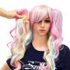 SWACC Long Curly Double Claw Clip on Ponytail Wig Synthetic Pastel Colorful Cosplay Daily Party Wig for Women with Wig Cap (Multi-Color Pink/Blue/Blonde-3)
