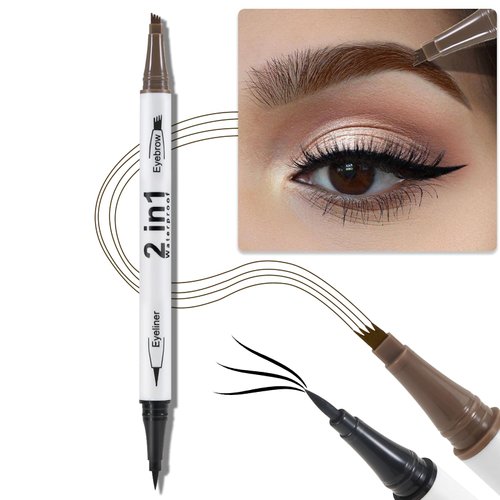 Erinde 3D Waterproof Microblading Eyebrow Pen, 4 Fork Tip Eye Brow Contouring Tattoo Pencil, 2-in-1 Dual-Ended Eyebrow Tint Eyeliner, Last All-Day, Create Natural-Looking Brows, 02 Dark Brown