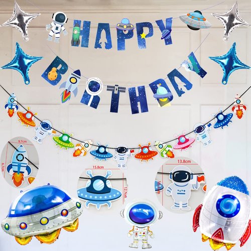 66Pcs Outer Space Birthday Party Supplies for Kids Universe Space Theme Party Decorations with Solar System Happy Birthday Banner Cupcake Toppers Rocket Astronaut Spaceship Balloons Planet Themed