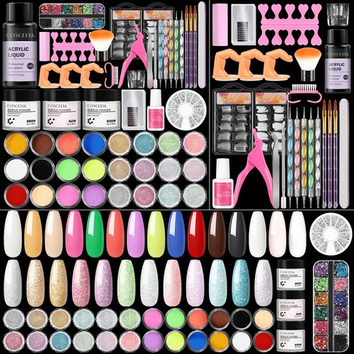 Acrylic Nail Kit for Beginners with Everything Nails Kit Acrylic Set Acrylic Powder Professional Glitter Nail Rhinestones Decoration Powder False Nail Tips Complete Nail Kits DIY Gifts for Women
