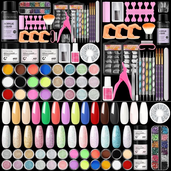 Acrylic Nail Kit for Beginners with Everything Nails Kit Acrylic Set Acrylic Powder Professional Glitter Nail Rhinestones Decoration Powder False Nail Tips Complete Nail Kits DIY Gifts for Women
