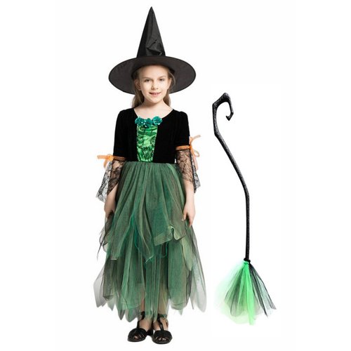 Witch Halloween Costumes for Girls Fairytale Cosplay Dress Up with Hat and Broom (Green, 7-9 Years)