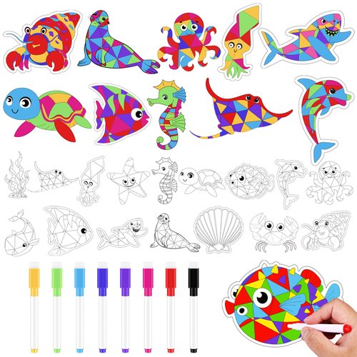 48 Pcs Ocean Sea Animal Craft Coloring Kit for Kids Animal Creatures Arts Crafts Ocean Animal Painting Kit with Markers for Sea Theme Party Gift DIY Under The Sea Coloring Craft Halloween Decor