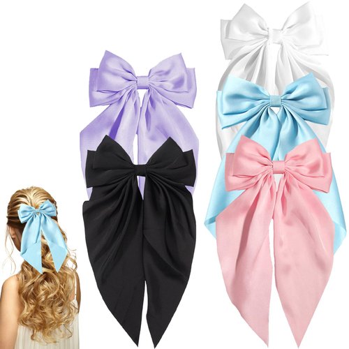 MHDGG 5Pcs Silky Satin Hair Bows for Women,5 Color Hair Bows Clips for Women Oversized Long Tail Hair Bows Hair Barrettes Hair Accessories Gifts Bowknot Aesthetic (Black White Pink Blue Rurple)