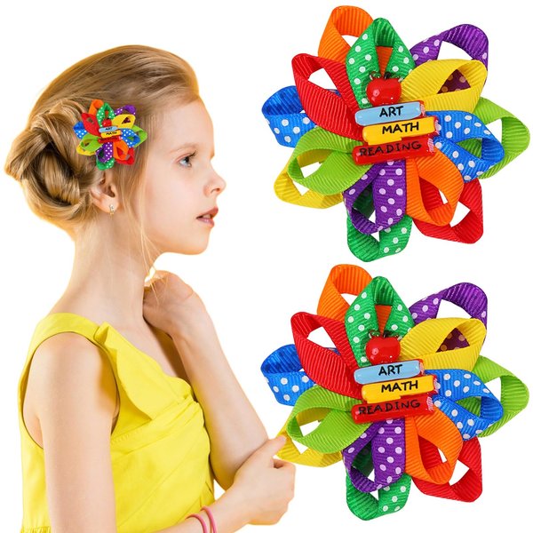 Back To School Hair Clip Colorful Curly Ribbons Alligator Clips Cute Book Apple Hair Clips White Dot Hair Bow Clip Design Woman Girl Hair Accessories for First Day of School Party