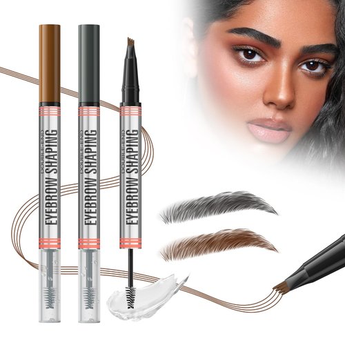 Microblading Eyebrow Pen-Upgraded Eye Brow Pencils for Women Brown with Micro-Fork Tip Applicator, Smudge-Proof and Waterproof Eyebrow Pencil for Natural Hair-Like(Grey+Light Brown)