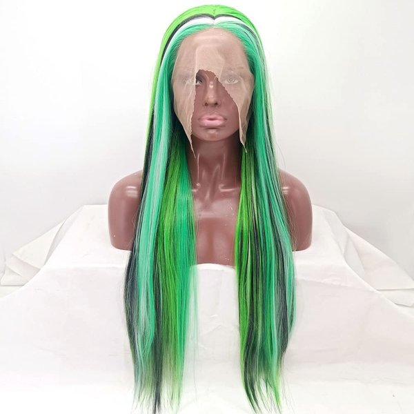 melody wig Green/Black/Blonde Mixed Color Highlight Color Synthetic Green Lace Front Wigs Long Silky Straight Wigs Colorful Wigs Heat Resistant Fiber Rainbow Wigs …