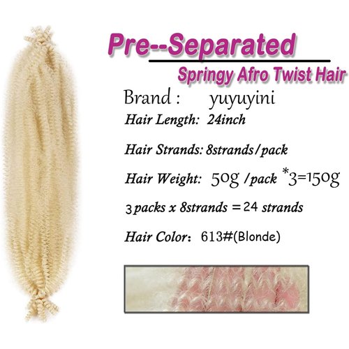 Springy Afro Twist Hair 3Pcs Pre-Separated Kinky Marley Twist Braiding Hair 24IN Springy Twist for Distressed Faux Locs Synthetic Hair Extensions Cuban Twist Hair(613#-Blonde)