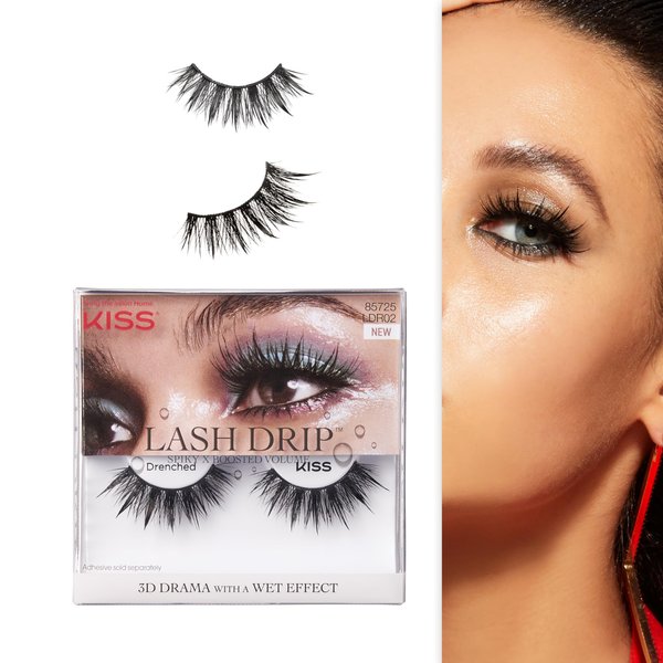 KISS Lash Drip False Eyelashes, Spiky X Boosted Volume, Unique Wet Look Hydrated Effect, Multi-Length Rewearable Fake Eyelashes, Wispy Crisscross Lash Pattern, Style ‘Drenched’, 1 Pair