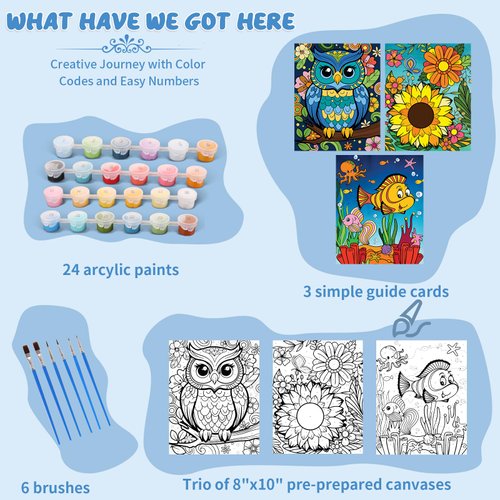 Kids Paint By Number Kits Age 8-12, 3 Pack 8x10 Inch Framed Canvas With 24x3ml Acrylic Paint Pots, 6 Brushes, Painting Kits For Kids, Crafty By Numbers With Paint, 6-10 Year Old Girl Birthday Gift