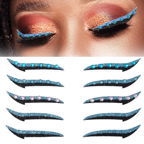 Uranian Eyeliner Stickers Glitter Eyeliner Stickers with Rhinestones Instant Adhesive Eye Line Strip Reusable Eyeshadow Stickers Colorful Eyelid Tape for Party Eye Makeup Tool for Women (Blue)