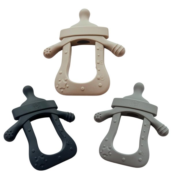 Generic 3 Pack Teether for Baby 100% Food Grade Silicone Baby Bottle Teether for Sucking Needs Baby Teethers Toys 0-24 Months Hand Pacifier BPA Free, Dark Blue, Grey, Light Blue