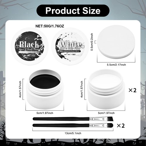 3-Piece Black White Face Paint Set (2 White, 1 Black) - 1.76 oz Each, Includes Sponge and Brushes, Professional SFX Makeup Kit for Halloween, Skeleton, Ghost, Skull Cosplay, Full Coverage Body Paints
