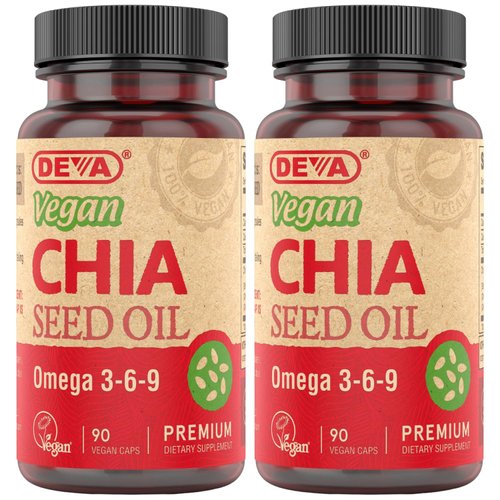 DEVA Vegan Vitamins Chia Seed Oil, Packed with Omega 3, 6, 9 & Other Essential Fatty Acids, Cold-Pressed & Unrefined, 90 Capsules, (Pack of 2)
