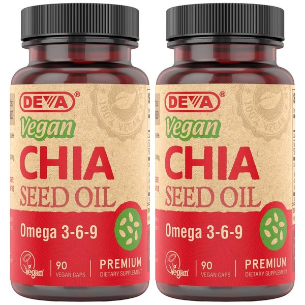 DEVA Vegan Vitamins Chia Seed Oil, Packed with Omega 3, 6, 9 & Other Essential Fatty Acids, Cold-Pressed & Unrefined, 90 Capsules, (Pack of 2)