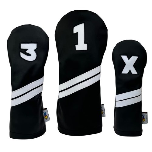 Sunfish Leather Golf Headcover Set 1-3-X Driver Fairway Hybrid Black and White !