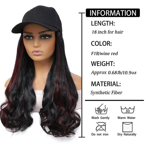 GUOJIAN Baseball Cap with Hair Extensions for Women Adjustable Hat with Synthetic Wavy Wig Attached 18inch Long Body Wave Hair (F1B/wine red, 18Inch)