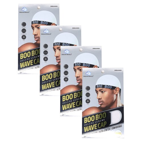 DREAM WORLD Boo Boo Deluxe Luxury Stocking Wave Cap (4 Packs)-Wire Elastic Band-White