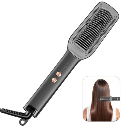PathVenture Hair Straightener Brush,2000 Ionic Hair Comb Straightening Brush for Women with 5 Temps 20s Fast Heating Dual Voltage,Anti-Scald Flat Iron Comb for Curly Hair-Gray