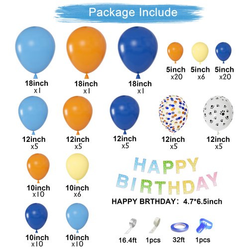 128Pcs Blue Birthday Party Supplies Balloons Garland Kit, Blue Orange Yellow White Bone Dog Paw Balloons Arch Banner for Baby Shower Girls and Boys Blue Theme Happy Birthday Party Decorations