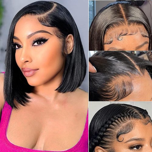 Selina Bob Wig Human Hair 4X4 Lace Closure Wigs Brazilian Virgin Human Hair Straight Bob lace Front Wigs For Black Women Pre Plucked with Baby Hair Natural Black 150% Density (14 Inch, Straight)