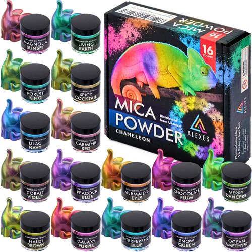 ALEXES Chameleon Mica Powder – Epoxy Resin Color Pigment Powder - Color Shift Mica Powder -16 Colors Jars Set - Holographic Mica Powder