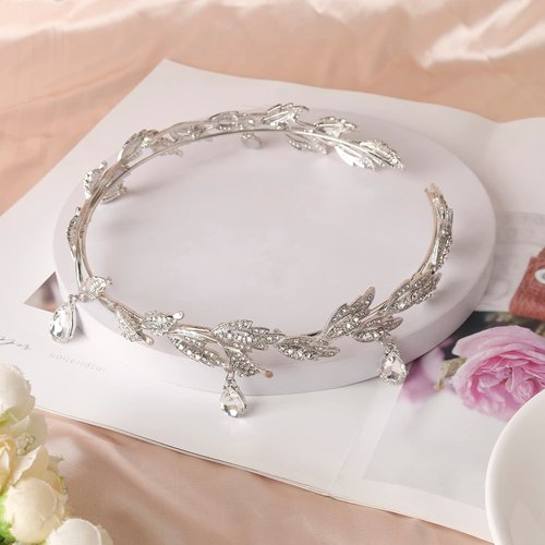 DS Rhinestone Wedding Tiara Crown for Brides, Goddess elf Princess Fairy Crystal Pendent Headband Leaf Cosplay Crown for women girls Hair Accessory for Brides Pageant Wedding Prom Birthday-Silver 2