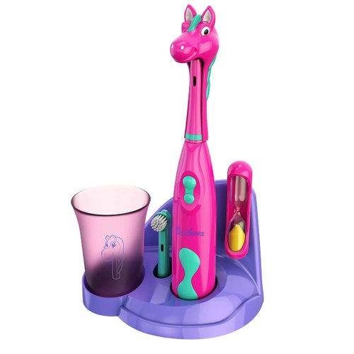 Brusheez Kids’ Electric Toothbrush Set - Safe & Effective for Ages 3+ - Parent Tested & Approved with Gentle Bristles, 2 Brush Heads, Rinse Cup, 2-Minute Timer, & Storage Base (Prancy The Pony)