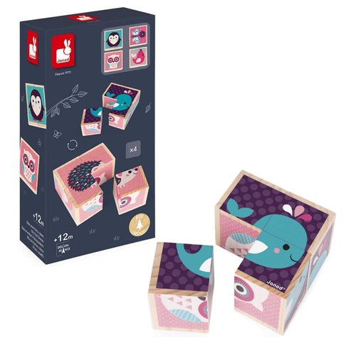 Janod Baby Forest My First 4 Blocks Baby Animals Wooden Puzzle Set - Ages 12 Months+ - J08001