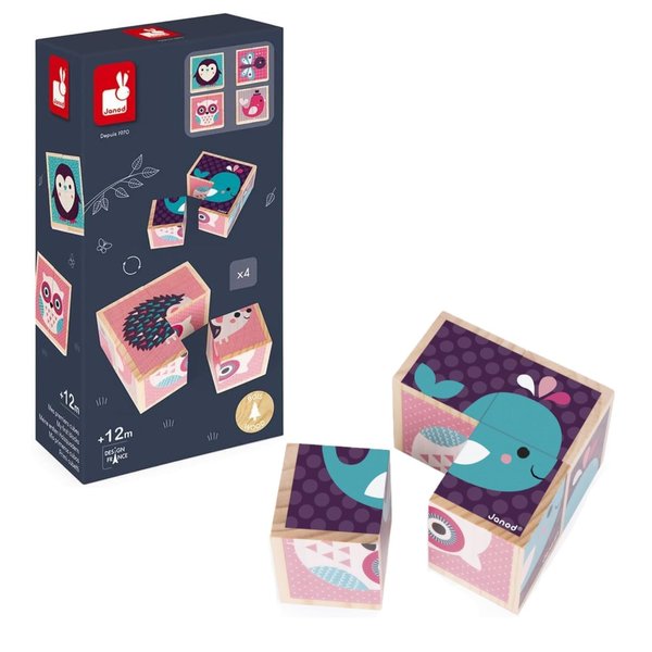 Janod Baby Forest My First 4 Blocks Baby Animals Wooden Puzzle Set - Ages 12 Months+ - J08001