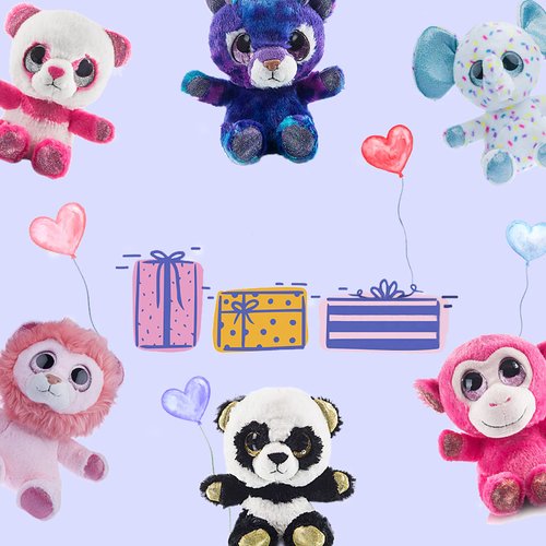 My OLi 5" Plush Toys Set Stuffed Animals Bundle of Zoo Animal Toys Lion/Monkey/Elephant/Pink Bear/Purple Bear/Panda Stuffed Animals Pack of 6 for Babies Kids Girls Boys