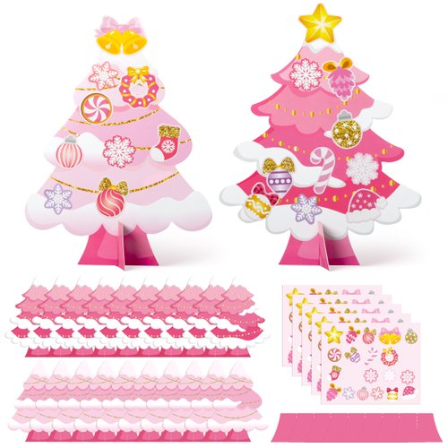 WATINC 30Pcs Pink Christmas Tree Craft Kit for Kids, Make Your Own Christmas Tree Craft Art for Christmas Party Favors Decoration, DIY Xmas Supplies Home School Classroom Fun Activity Art Project