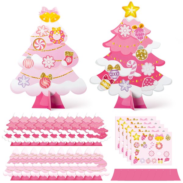 WATINC 30Pcs Pink Christmas Tree Craft Kit for Kids, Make Your Own Christmas Tree Craft Art for Christmas Party Favors Decoration, DIY Xmas Supplies Home School Classroom Fun Activity Art Project