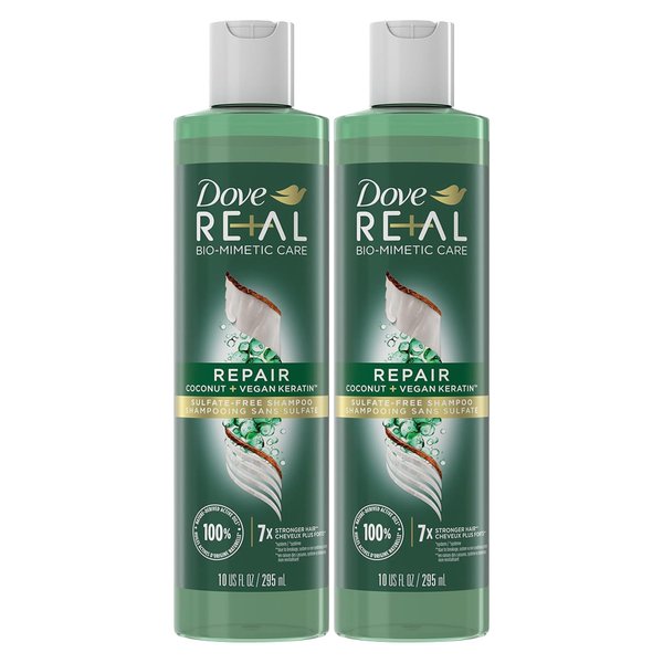 Dove RE+AL Bio-Mimetic Care Shampoo For Fine Flat Hair, 2 Pack, Sulfate-Free Volumizing Shampoo With Coconut + Vegan, 10 Oz (Repair)