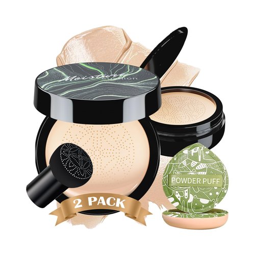 Mushroom Head Air Cushion CC Cream 2PCS Set - BB Cream Face Makeup Foundation with Power Puff for Mature Skin Moisturizing Concealer Brighten Long-Lasting, Skin Tone for All Skin Types(Ivory)