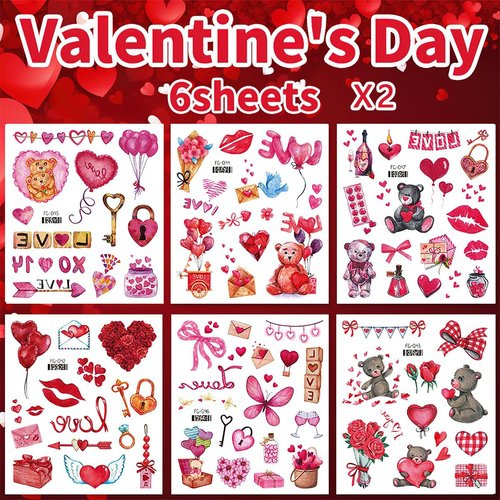 12 Sheets Valentines Day Temporary Tattoo Stickers Glitter Romantic Cartoon Doll Rose Arrow Red Hearts Tattoo Stickers Valentine's Day Party Supplies for Women Girl Kids Party Games Gifts Decorations