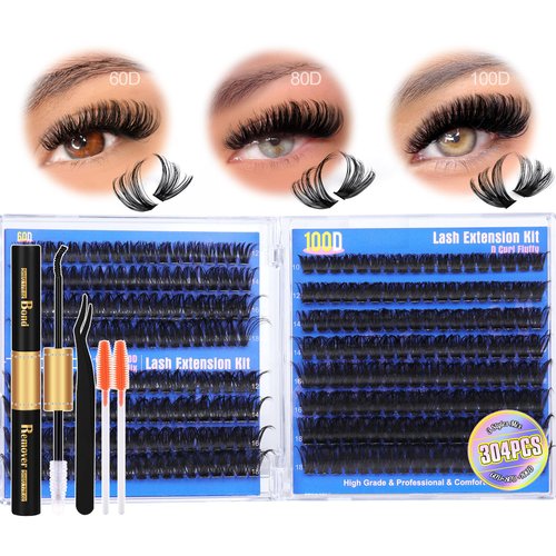 Lash Extension Kit Fluffy Eyelash Extension Kit 304pcs Thick Lash Clusters with Lash Bond and Remover and Applicator 10-18MM Eyelashes Clusters Individual Lashes Extension Kit by Pleell (60D+80D+100D)