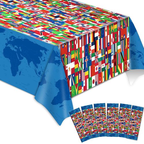 6 Pieces International Flag Tablecover World Flag Party Tablecloth Decorations Disposable Plastic Table Cover Birthday Party Decor Supplies Favors Outdoor Indoor